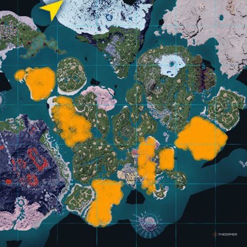 The orange-colored areas shows the possible Lifmunk spawn location on the map in Palworld