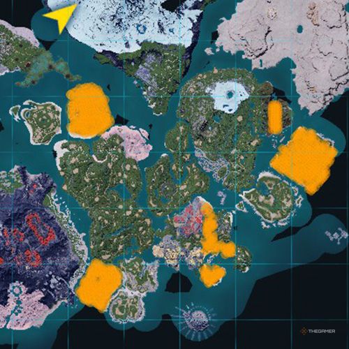 The orange-colored areas shows the possible Foxparks spawn location on the map in Palworld