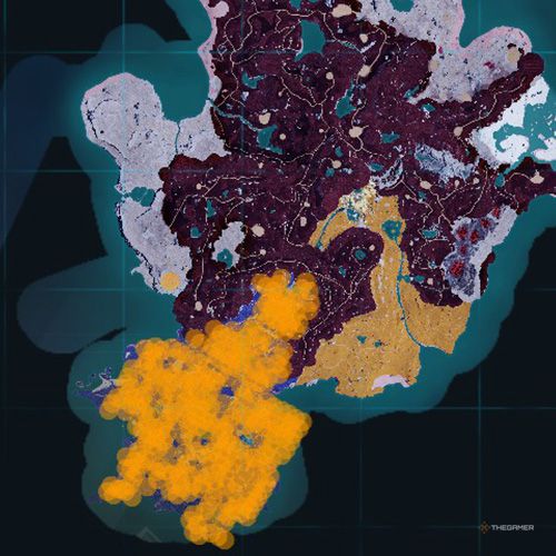 The orange-colored areas shows the possible Foxparks Cryst spawn location on the map in Palworld