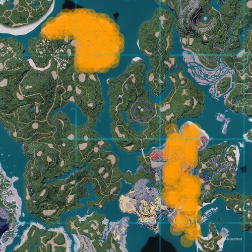 The orange-colored areas shows the possible Sparkit spawn location on the map in Palworld