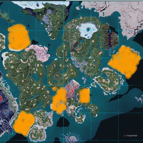 The orange-colored areas shows the possible Tanzee spawn location on the map in Palworld