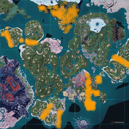 The orange-colored areas shows the possible Pengullet spawn location on the map in Palworld