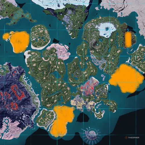 The orange-colored areas shows the possible Rooby spawn location on the map in Palworld