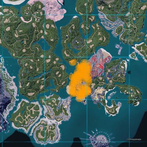 The orange-colored areas shows the possible Jolthog spawn location on the map in Palworld