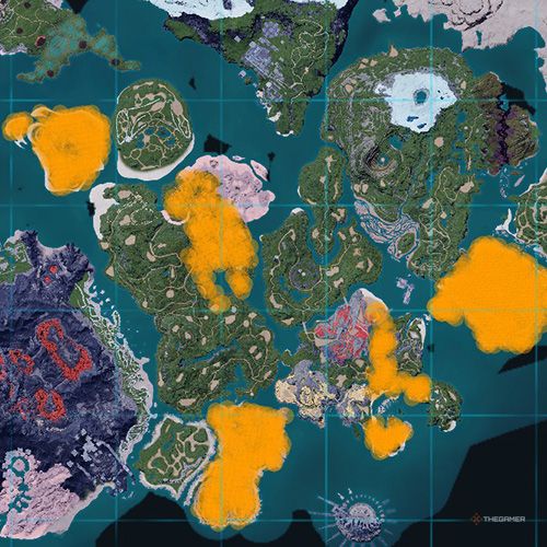 The orange-colored areas shows the possible Gumoss spawn location on the map in Palworld