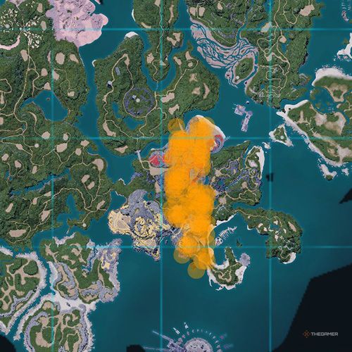 The orange-colored areas shows the possible Vixy spawn location on the map in Palworld