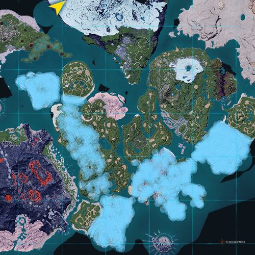 The orange-colored areas shows the possible Hoocrates spawn location on the map in Palworld