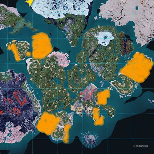 The orange-colored areas shows the possible Teafant spawn location on the map in Palworld