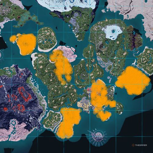 The orange-colored areas shows the possible Cremis spawn location on the map in Palworld