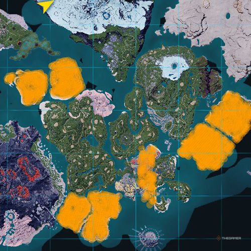 The orange-colored areas shows the possible Rushoar spawn location on the map in Palworld