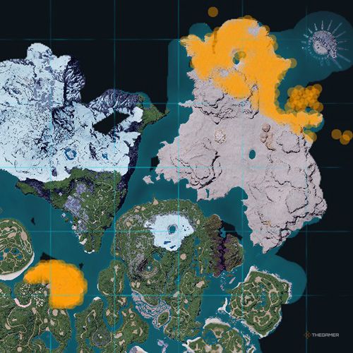 The orange-colored areas shows the possible Fuddler spawn location on the map in Palworld