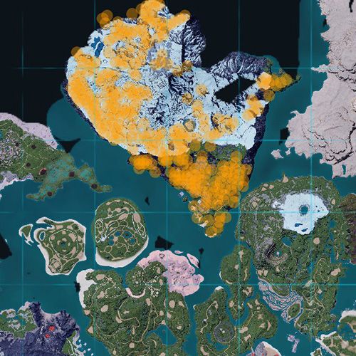 The orange-colored areas shows the possible Mau Cryst spawn location on the map in Palworld