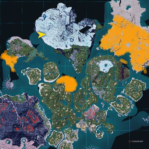 The orange-colored areas shows the possible Tocotoco spawn location on the map in Palworld