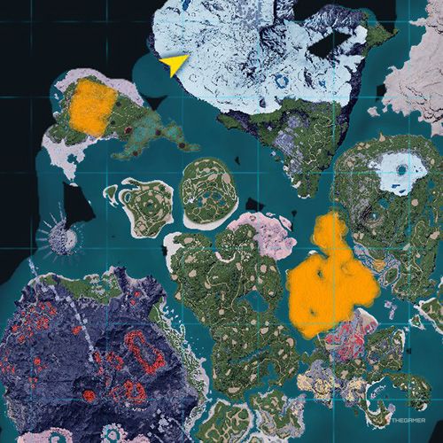 The orange-colored areas shows the possible Flopie spawn location on the map in Palworld