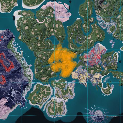 The orange-colored areas shows the possible Mozzarina spawn location on the map in Palworld