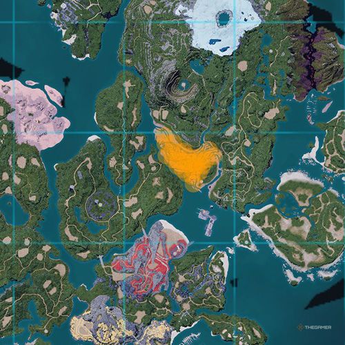 The orange-colored areas shows the possible Gobfin spawn location on the map in Palworld