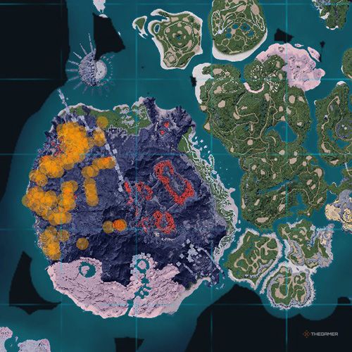 The orange-colored areas shows the possible Gobfin Ignis spawn location on the map in Palworld