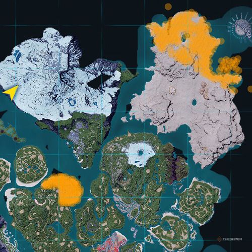 The orange-colored areas shows the possible Hangyu spawn location on the map in Palworld