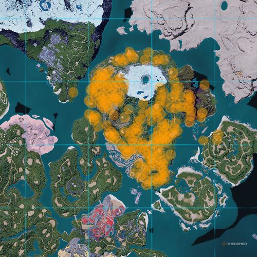 The orange-colored areas shows the possible Mossanda spawn location on the map in Palworld