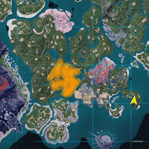 The orange-colored areas shows the possible Woolipop spawn location on the map in Palworld