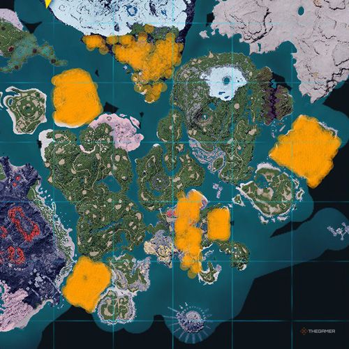 The orange-colored areas shows the possible Caprity spawn location on the map in Palworld