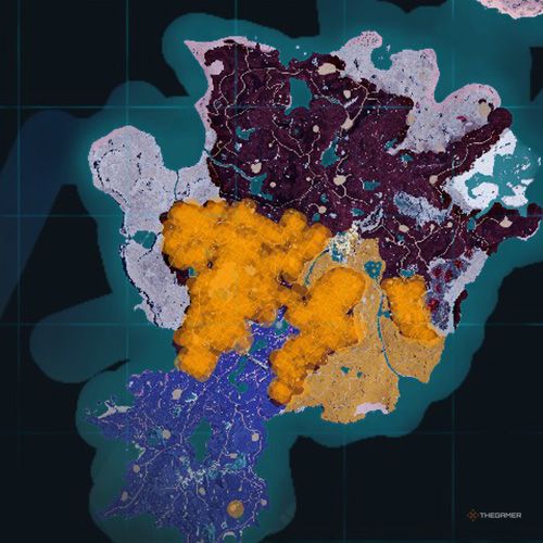 The orange-colored areas shows the possible Caprity Noct spawn location on the map in Palworld