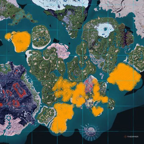 The orange-colored areas shows the possible Melpaca spawn location on the map in Palworld