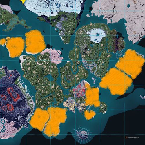 The orange-colored areas shows the possible Eikthyrdeer spawn location on the map in Palworld