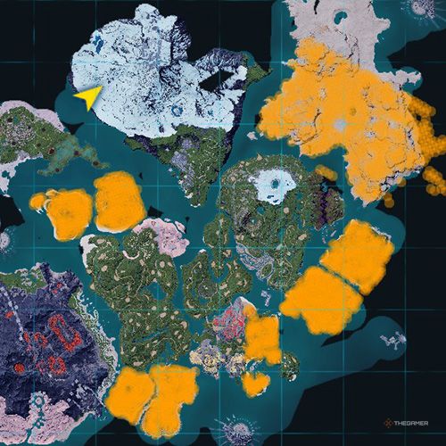 The orange-colored areas shows the possible Galewing spawn location on the map in Palworld