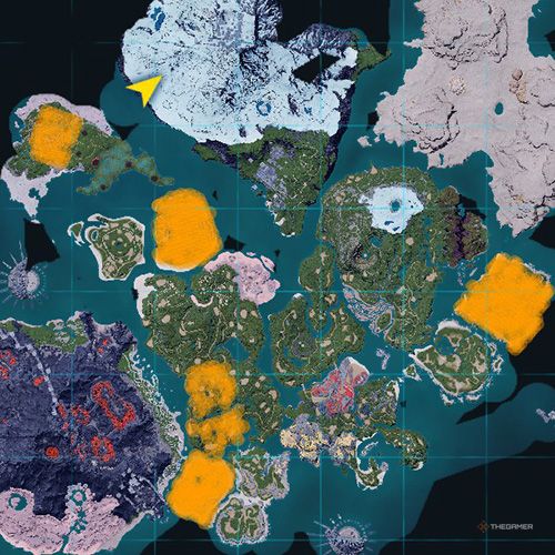 The orange-colored areas shows the possible Ribbuny spawn location on the map in Palworld