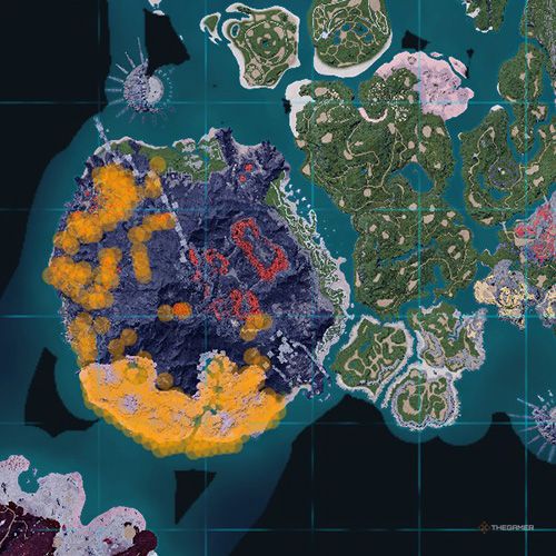 The orange-colored areas shows the possible Incineram spawn location on the map in Palworld