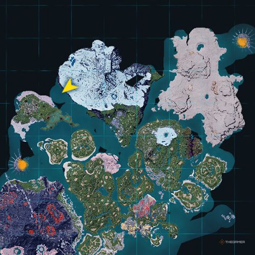 The orange-colored areas shows the possible Incineram Noct spawn location on the map in Palworld