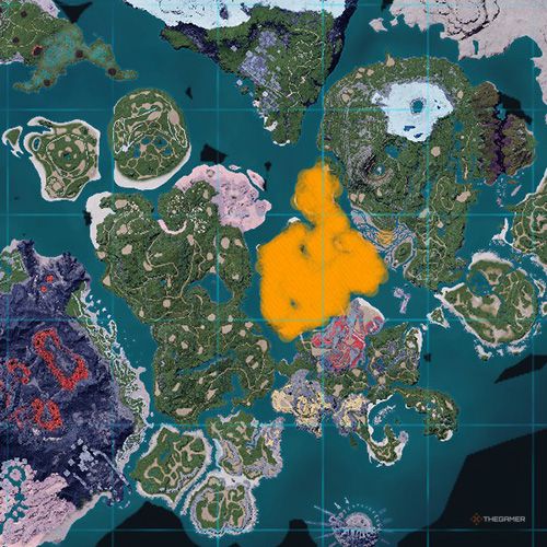 The orange-colored areas shows the possible Cinnamoth spawn location on the map in Palworld