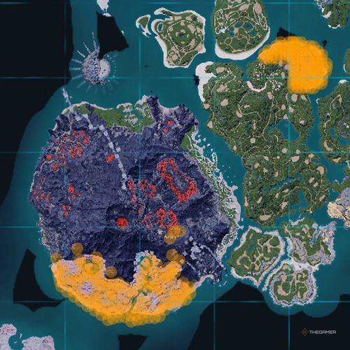 The orange-colored areas shows the possible Dumud spawn location on the map in Palworld