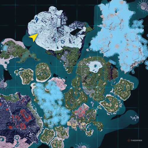 The orange-colored areas shows the possible Cawgnito spawn location on the map in Palworld