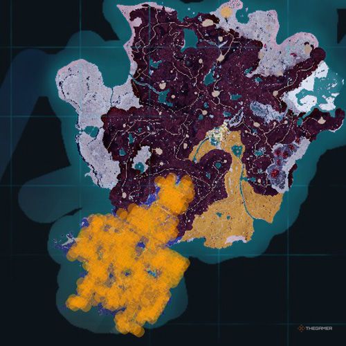 The orange-colored areas shows the possible Loupmoon Cryst spawn location on the map in Palworld