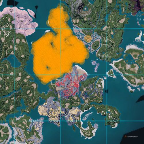 The orange-colored areas shows the possible Robinquill spawn location on the map in Palworld