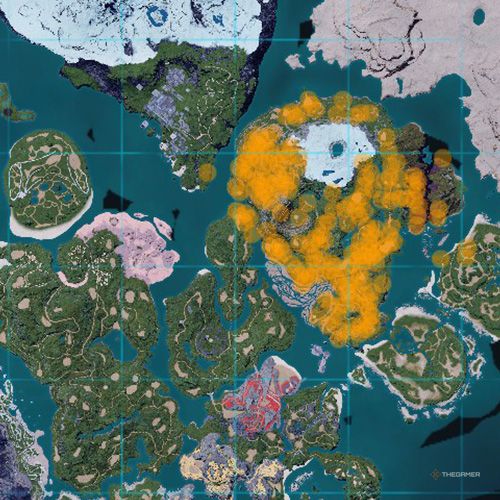 The orange-colored areas shows the possible Gorirat spawn location on the map in Palworld