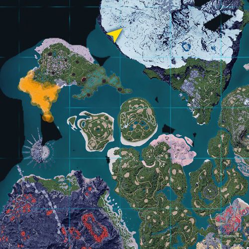 The orange-colored areas shows the possible Gorirat Terra spawn location on the map in Palworld