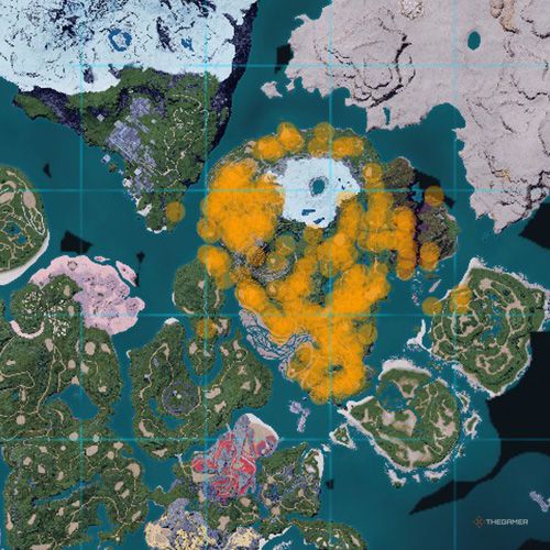 The orange-colored areas shows the possible Beegarde spawn location on the map in Palworld