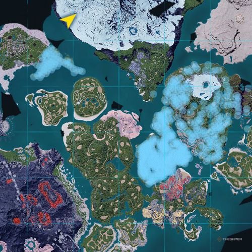 The orange-colored areas shows the possible Grintale spawn location on the map in Palworld