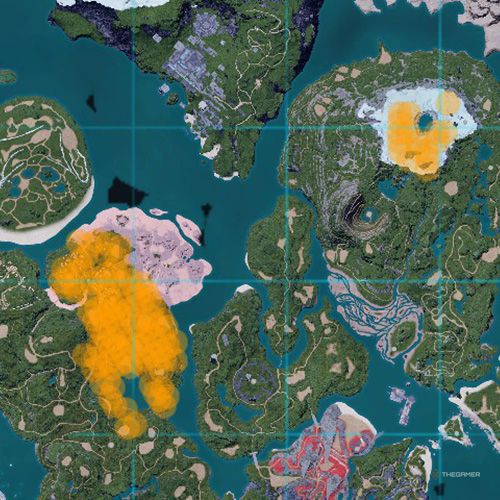 The orange-colored areas shows the possible Swee spawn location on the map in Palworld