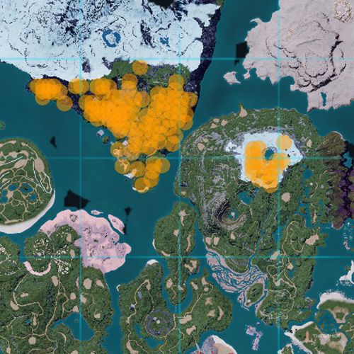 The orange-colored areas shows the possible Chillet spawn location on the map in Palworld