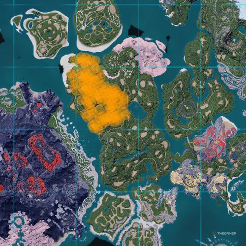 The orange-colored areas shows the possible Univolt spawn location on the map in Palworld