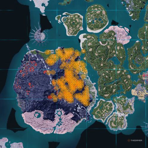 The orange-colored areas shows the possible Pyrin spawn location on the map in Palworld