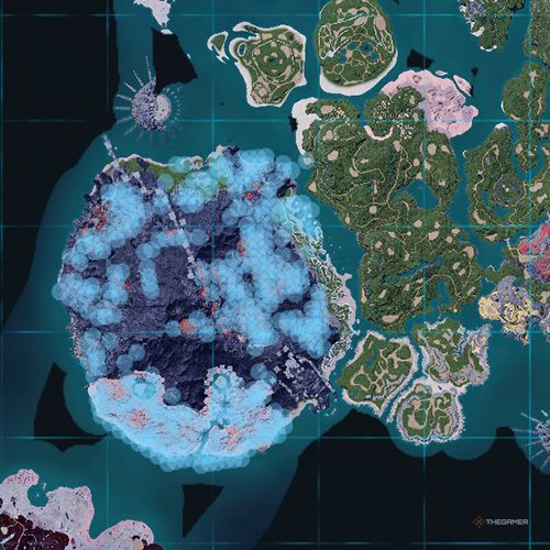 The orange-colored areas shows the possible Pyrin Noct spawn location on the map in Palworld