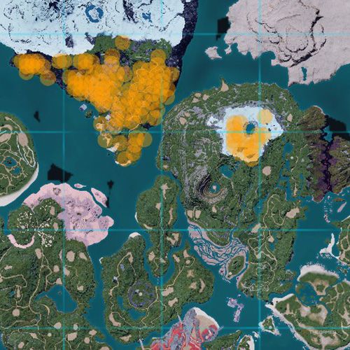 The orange-colored areas shows the possible Reindrix spawn location on the map in Palworld