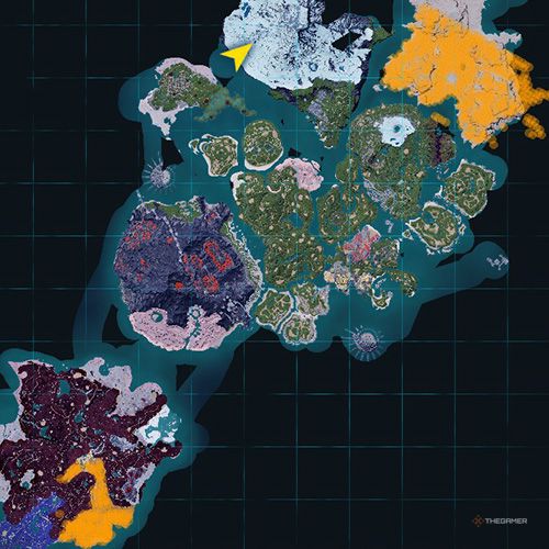 The orange-colored areas shows the possible Rayhound spawn location on the map in Palworld