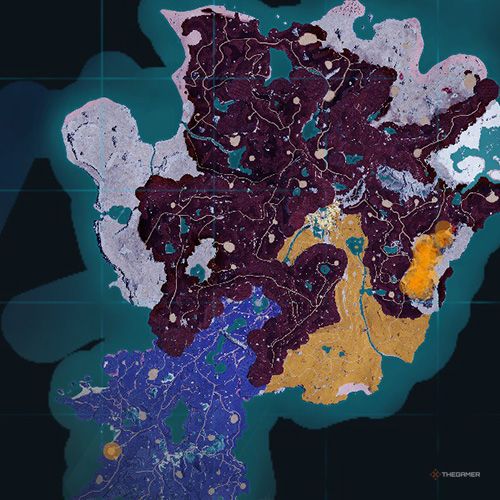 The orange-colored areas shows the possible Dazzi Noct spawn location on the map in Palworld