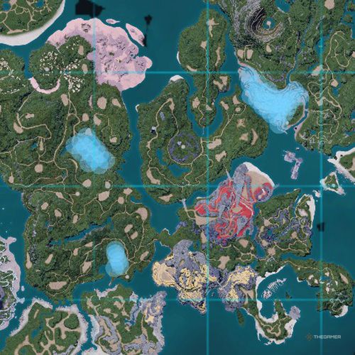 The orange-colored areas shows the possible Surfent spawn location on the map in Palworld